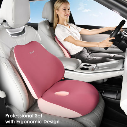FLORICH Car Seat Cushion and Lumbar Support Pillow, Ergonomic Memory Foam Driving Seat Cushions for Back & Sciatica Pain Relief, Non-Slip Cushion for Car, Office, Truck, Wheelchair, Gaming Chair-Pink