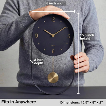 Driini Modern Pendulum Wall Clock - Decorative and Unique Metal Frame, with 8 Inch Face - Contemporary, Minimalist Design, with Silent Battery Operation - Includes Both Black and Gold Pendelum