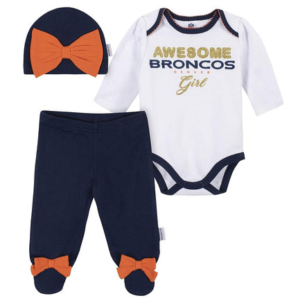 NFL Denver Broncos 3 Pack Bodysuit Footed Pant and Cap Registry Gift Set, blue/white Denver Broncos, 0-3M