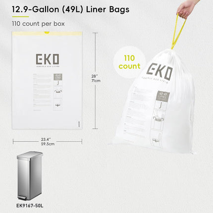 EKO 12.9 Gallon / 45-49 Liter, 110 Count Drawstring Trash Bags, Extra-Strong Unscented Garbage Bags, Easy-Dispense Roll for Kitchen & Household Use, Resists Tears, Leaks and Punctures, Code J, White