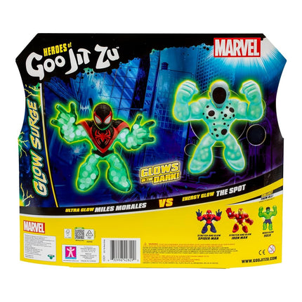 Heroes of Goo Jit Zu Marvel Spider-Verse Super Collider Pack, Ultra Miles Morales Versus Energy The Spot, Both with Amazing Glow-in-The-Dark Filling