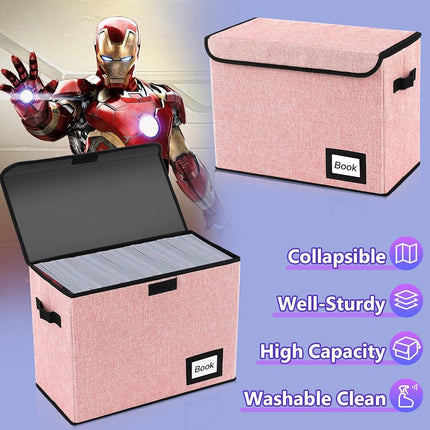 YNSZAS 2 Pack Comic Book Storage Box, Protector Organizer, 15.8" X 7.8" X 11.8", Collapsible Short Box, Holds 160-180 Books, Container Holder Shelf Bin (Pink)