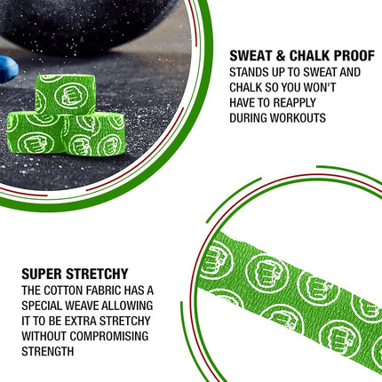 WOD Nation Weightlifting Hook Grip Athletic Tape, Flexible Fabric Thumb & Finger Tape - Easy-Tear, Sweat-Proof, Durable Strips for Powerlifting & Gym, 3-Pack (23 ft Rolls) - Green