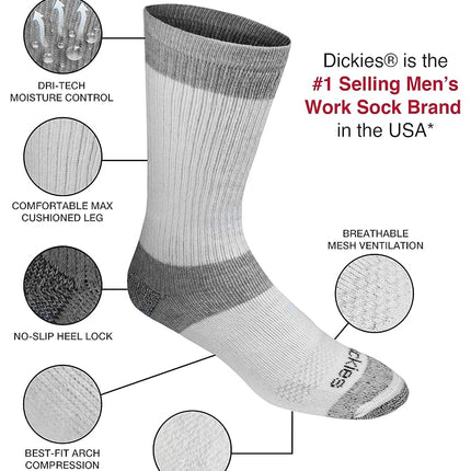 Dickies Men's Big & Tall Dri-tech Moisture Control Crew Socks Multipack, 3.0 Full Cushion White (6 Pairs), Shoe Size: 12-15
