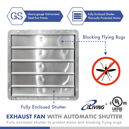 iLIVING 20" Wall Mounted Shutter Exhaust Fan, Automatic Shutter, with Thermostat and Variable Speed controller, 2.2A, 3368 CFM, 5000 SQF Coverage Area Silver (ILG8SF20V-ST)