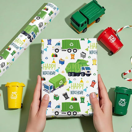 WRAPAHOLIC 30 Inch Garbage Truck Wrapping Paper - 30 Inch x 33 Feet - Garbage Truck Happy Birthday Wrapping Paper for Kids Boys, Baby Shower, Car Lover