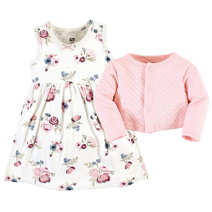 Hudson Baby Girls' One Size Quilted Cardigan and Dress, Dusty Rose Floral, 3T