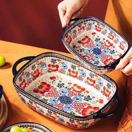 Bicuzat Vintage Flowers Style Ceramic Bakeware Casserole Dish Baking Pan Lasagna Pans Baking Dish with Handles for Oven/Cooking/Kitchen-1 PCS-Red Flowers-22 OZ