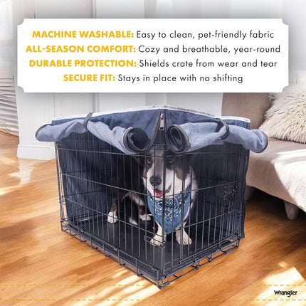 Wrangler Denim Dog Crate Cover – Durable, Breathable & Stylish Dog Kennel Cover with Rollable Panels & Front Pocket for Accesories - Machine Washable Crate Covers for Dog Cages (XXL)
