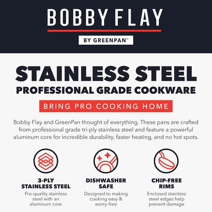 GreenPan x Bobby Flay Stainless Steel 8” & 10” Frying Pan Skillet Set, Professional Grade Tri-Ply, Multiclad, PFAS-Free Ceramic Nonstick, Induction Suitable, Dishwasher & Oven Safe, Stay Cool Handle