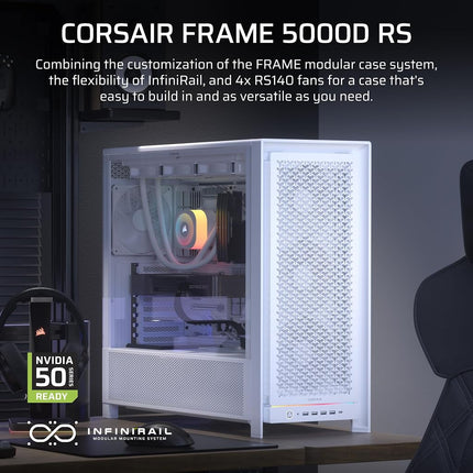 CORSAIR FRAME 5000D RS Modular High Airflow Mid-Tower PC Case – 4x Pre-Installed RS Fans, InfiniRail™ Fan Mounting System, GPU Anti-Sag, ASUS BTF, MSI Project Zero, Gigabyte Project Stealth – White