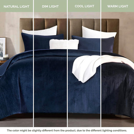 Elegant Comfort Luxury 3-Piece Velvet Corduroy Stripe Quilt Set, Ultra Soft Bedspread - Cozy Velvet Coverlet Set - 3PC Medium Weight Quilted Set with Matching Pillow Shams, Queen, Navy Blue