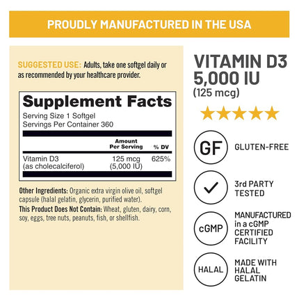 NatureWise Vitamin D3 5,000 IU for Healthy Muscle Function, Bone Health and Immune Support, Non-GMO in Cold-Pressed Organic Olive Oil,Gluten-Free, 1-year supply, 360 count
