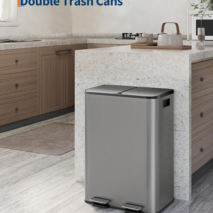 GarveeHome 2 x 8 Gallon Stainless Steel Double Trash Can with Lid for Kitchen, Large Dual Trash and Recycle Bin Combo, Step-on Kitchen Metal Garbage Cans, PP Inner Buckets, Liner Rim, Matte Grey
