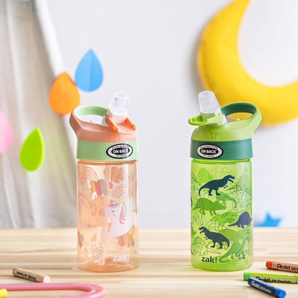 Zak Designs Kids Water Bottle with Spout Cover and Built-in Carrying Loop, Made of Durable Plastic, Leak-Proof Water Bottle Design for Travel (16 oz, Unicorn & Dino Camo, Pack of 2)