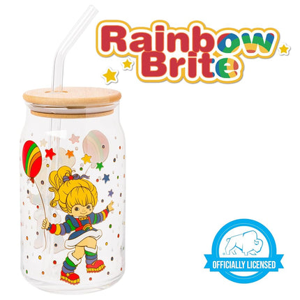 Silver Buffalo Rainbow Brite Balloon Stars Glass Jar Tumbler with Bamboo Lid and Glass Straw, 16 Ounces