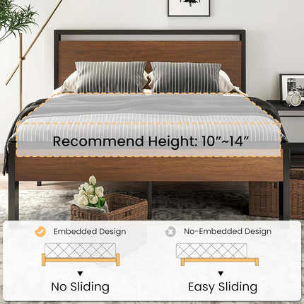 SHA CERLIN - 14 Inch King Size Metal Platform Bed Frame with Wooden Headboard and Footboard, Mattress Foundation, No Box Spring Needed, Large Under Bed Storage, Walnut