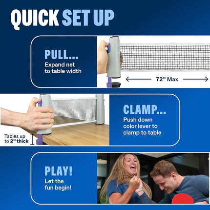PRO-SPIN Table Tennis Bat Set – with Table Tennis Net for Any Table, Table Tennis Balls 3 Stars, Bag/Cover, Extendable Mobile Table Tennis Net (Blue, Purple, Set for 2 Players)