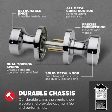 Kwikset Pismo Privacy Locking Door Knob, Interior Handle with Keyless Lock for Bedroom and Bathroom Doors, with Round Rose in Polished Chrome