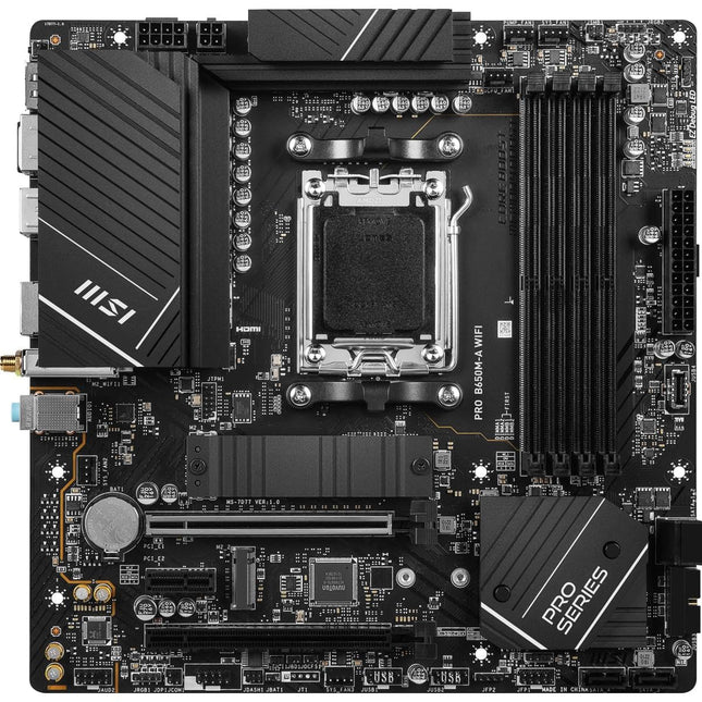 Placa base MSI PRO B650M-A WiFi ProSeries (procesadores AMD Ryzen serie 9000/8000/7000, AM5, DDR5, PCIe 4.0, M.2, SATA 6Gb/s, USB 3.2 Gen 2, HDMI/DP, Wi-Fi 6E, Bluetooth 5.3, LAN de 2.5Gbps, mATX)