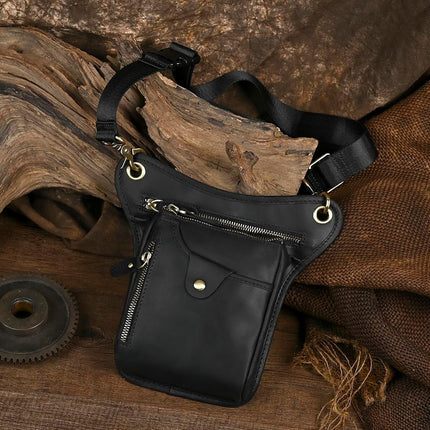 Le'aokuu Mens Genuine Leather Messenger Shoulder Bag Waist Bag Pack Drop Leg Bag Motorcycle