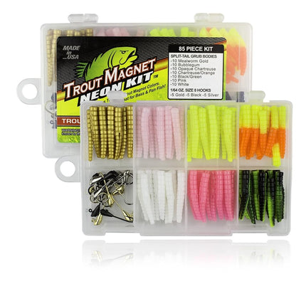 Kit de equipo de pesca de trucha Trout Magnet - Paquete Ultimate Neon - Juego de señuelos grub de 85 piezas con cebo de neón y anzuelos, carrete de sedal Trout S.O.S. de 350 yardas, sedal de fluorocarbono Phantom Leader, 4 flotadores E-ZTrout
