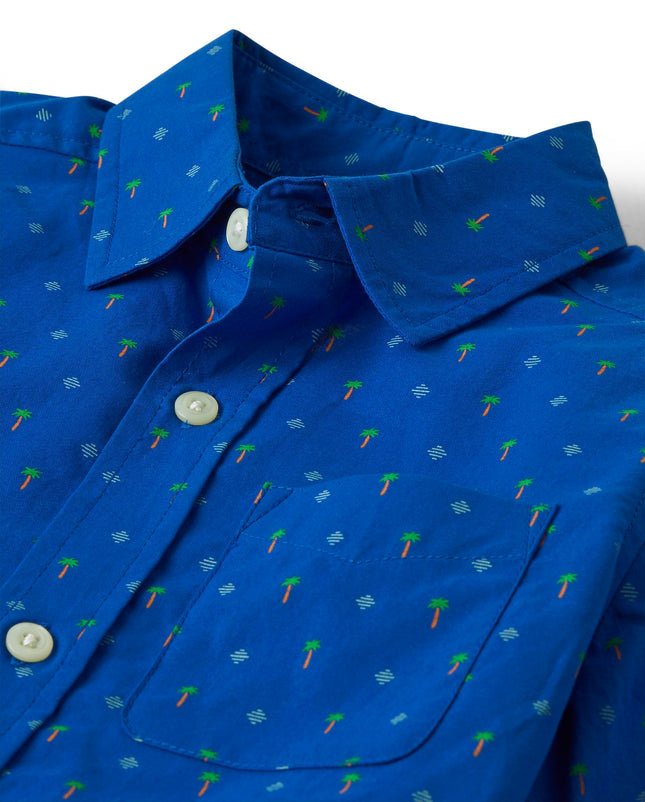 The Children's Place Boys' and Toddler Boys' Short Sleeve Button Down Shirt, Blue Geo, X-Small