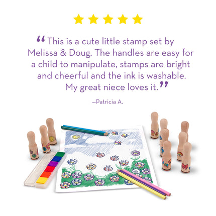 Melissa & Doug Deluxe Happy Handle Juego de Sellos (10 sellos, 5 lápices de colores y almohadilla de tinta lavable de 6 colores)