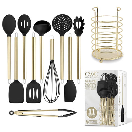 COOK WITH COLOR Silicone Cooking Utensils, Kitchen Utensil Set, Easy to Clean Silicone Kitchen Utensils, Cooking Utensils for Nonstick Cookware, Kitchen Gadgets Set with Holder, 10 Pieces