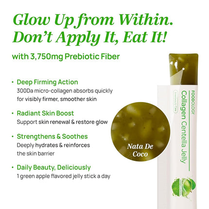 FOODOLOGY Collagen Centella Jelly (Green Apple) – Collagen Peptide with PDRN – Biotin, Vitamin A & E for Skin Glow, Hair & Nails – Korean Beauty Supplement – 10 Sticks