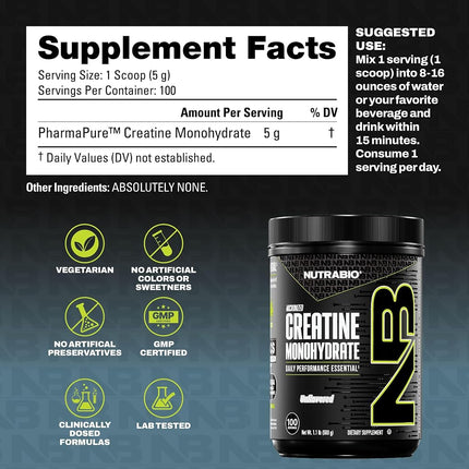 NutraBio - 100% Pure Creatine Monohydrate Powder - 1.1 lbs.