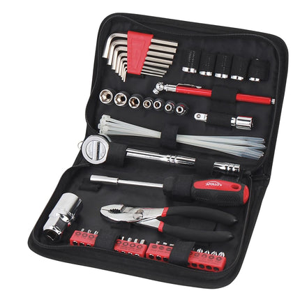 Apollo Tools Jeu d'outils de voiture compact SAE 56 pièces dans une trousse zippée, petit jeu d'outils de mécanicien pour les urgences automobiles, la réparation de motos sur la route, idéal pour les besoins d'outils de voyage - Rouge - DT9774