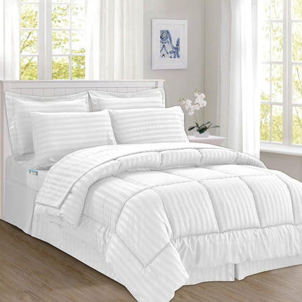 Elegant Comfort Silky Soft 8-Piece Dobby Stripe Bed-in-a-Bag Comforter Set, Includes 4pc Smart Sheet Set, Bed Skirt, Comforter, Matching Pillowcases and Shams - Twin/Twin XL, White