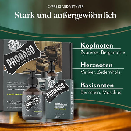 Proraso Beard Care Kit for Men | Beard Wash & Beard Oil with Sandalwood to Tame, Cleanse & Detangle Full, Thick and Coarse Beards | Cypress and Vetyver