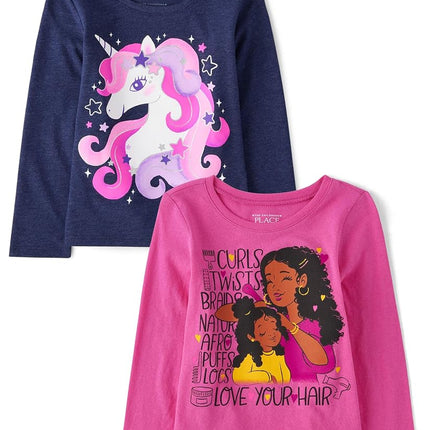 The Children's Place Baby Toddler Girl Short Sleeve Graphic T-Shirt 3-Pack, Unicorn/Love Your Hair, 2T