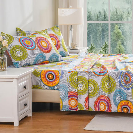 Bedlifes King Sheet Set Printed Sheets Ultra Soft Patterned Sheet Set Deep Pocket Flat Sheet& Fitted Sheet& Pillowcases 100% Microfiber 4 Piece King Size Multicolor Mandala
