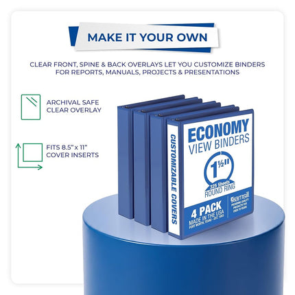 SaSamsill 1.5 Inch 3 Ring Binders, Made in USA, Economy Round Ring, Clear View Cover, 325 Sheet Capacity - for School, Home, Office - Blue, 4 Pack