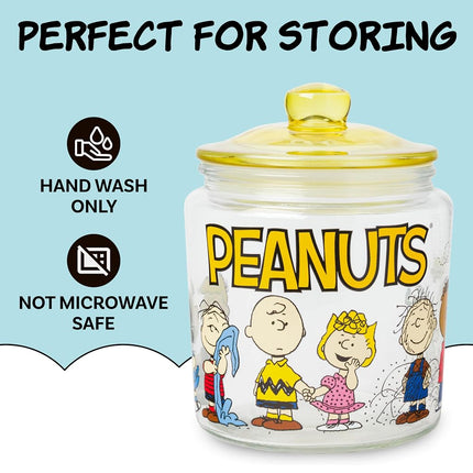 Silver Buffalo Peanuts Squad Featuring Charlie Brown, Snoopy, Schroeder, Lucy, Linus, Sally, Pigpen, Woodstock, and Franklin Glass Cookie Snack Candy Jar with Lid (Small)