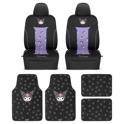Hello Kitty Kuromi Car Seat Covers - Cute Black and Purple Front Seat Covers with 4PC Carpet Car Floor Mats - Universal Fit for Cars, SUVs & Trucks - Black with Kuromi Print & Purple, Pink Accents