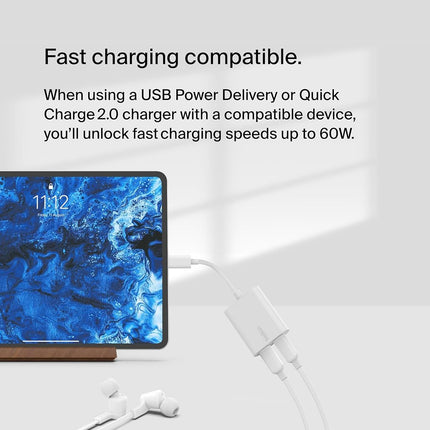 Belkin RockStar™ USB-C Audio + Charge Adapter, Headphone Adapter w/USB-C 60W Power Delivery Fast Charging for iPhone 16, iPad Pro, Galaxy, Note, Google Pixel, LG, Sony, OnePlus, and More - White