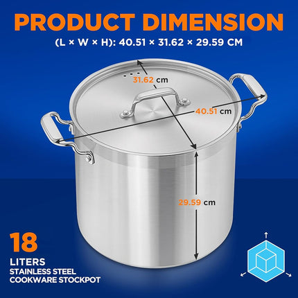 NutriChef Stainless Steel 18L Stock Pot with Lid, Extra Large Cooking Soup Pot, Heavy Duty Induction Stockpot for Bulk Cooking