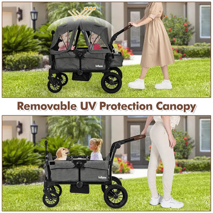 INFANS Wagon Stroller for 2 Kids, Collapsible Adjustable Push Pull Handle Bar, 2 Seater Stroller Wagon with Removable Canopy Snack Tray, Comfortable Drop-Down footwell and Upholstered Seats (Grey)