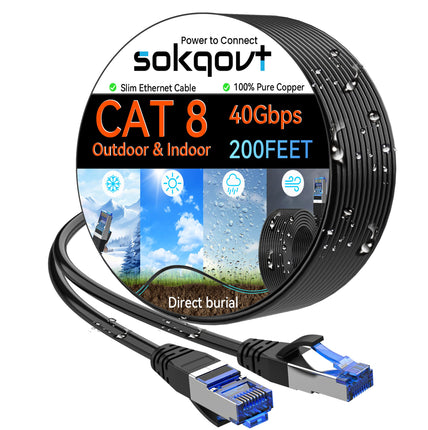 Sokqovt Cat 8 Ethernet Cable Slim 200ft Outdoor&In