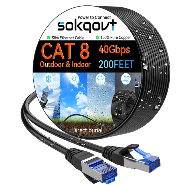 Sokqovt Cat 8 Ethernet Cable Slim 200ft Outdoor&In