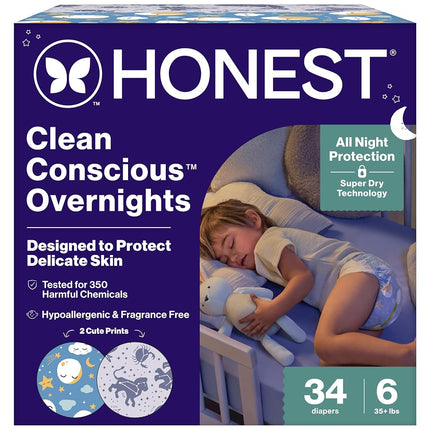 Pañales de noche Honest Company Clean Conscious para pieles sensibles | Hipoalergénicos, sin fragancia | Cozy Cloud + Star Signs | Caja Club, Talla 6 (más de 16 kg), 34 unidades
