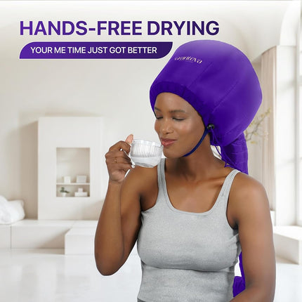 Hair Dryer Bonnet w/A Headband Integrated That Reduces Heat Around Ears & Neck - Hair Dryer Diffuser Cap for Hair Dryer Curly Hair, Speeds Up Drying Time, Deep Conditioning at Home - Large (Purple)