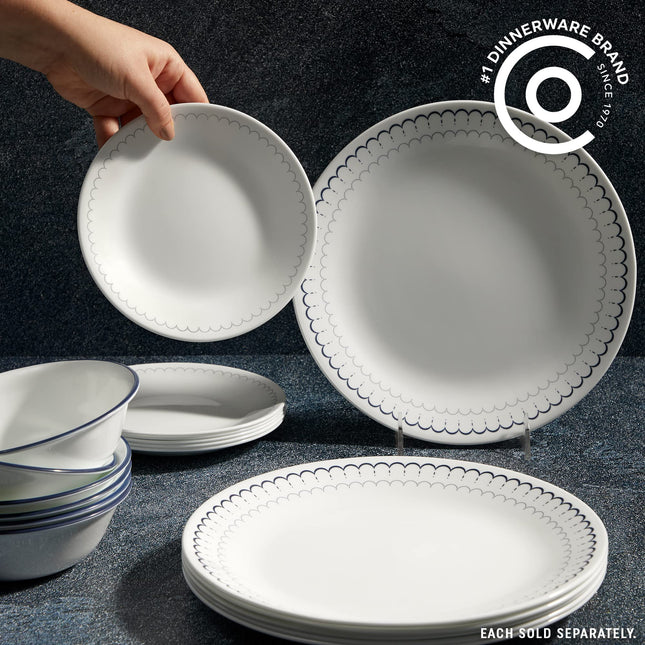 Corelle Vitrelle Juego de platos llanos de 26 cm, vidrio de triple capa y resistente a las roturas, platos redondos ligeros, 8 piezas Winter Frost White