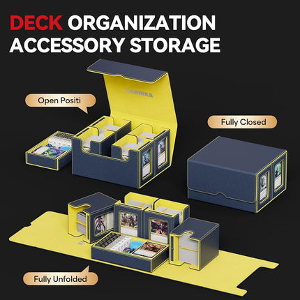 Card Deck Box for MTG with Commander Display, 5 in 1 Card Storage Box Fits 400+ Double-sleeved Cards, Removable Deck Case for TCG/Sports Cards with Dice Tray, 4 Magnetic Card Holders (Blue Yellow)