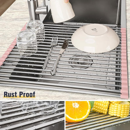 Tomorotec Roll Up Dish Drying Rack Over Sink, 304 Steel, 21x15.5, Pink