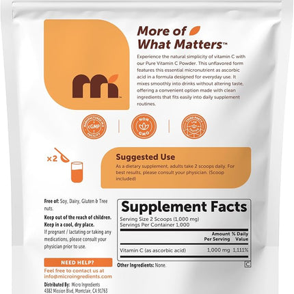 Pure Ascorbic Acid Powder (Water Soluble Vitamin C Powder), 1 KG (2.2 Pounds), Immune Vitamins for Immune System Booster and Strong Antioxidant for Making Serum or Adding to Smoothie and Drinks
